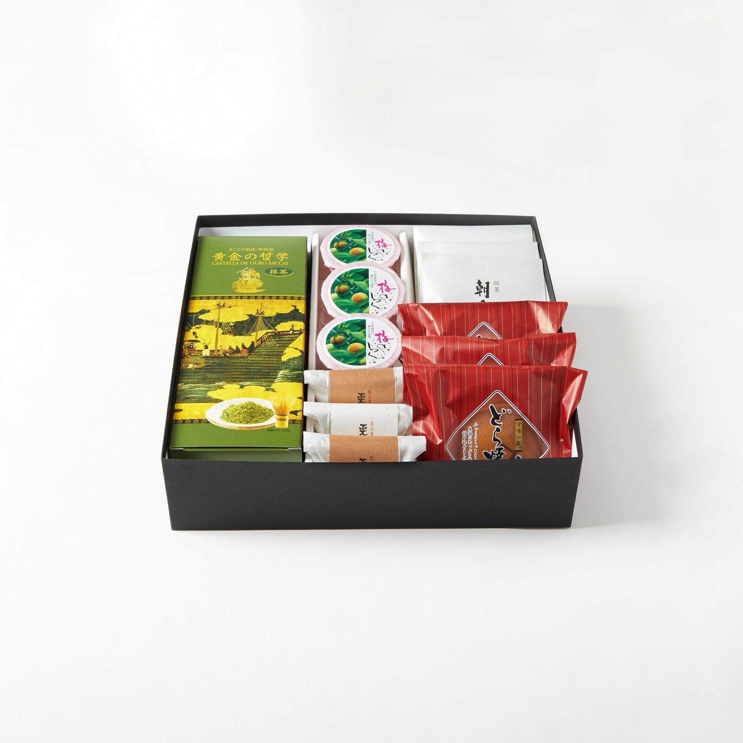 向日葵/黄金の哲学-抹茶- 1本・梅のしづく3個・栗の衣3個・どら焼き3個・朝雲3個